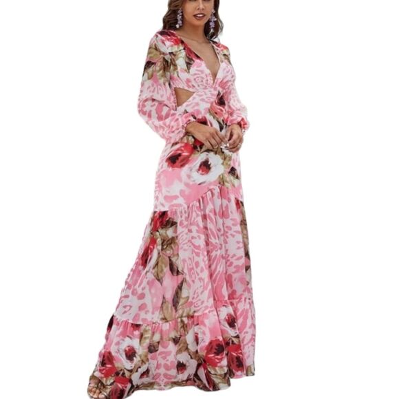 Giffniseti pink leopard print long sleeve cut out side ruffle hem maxi dress - Picture 2 of 12